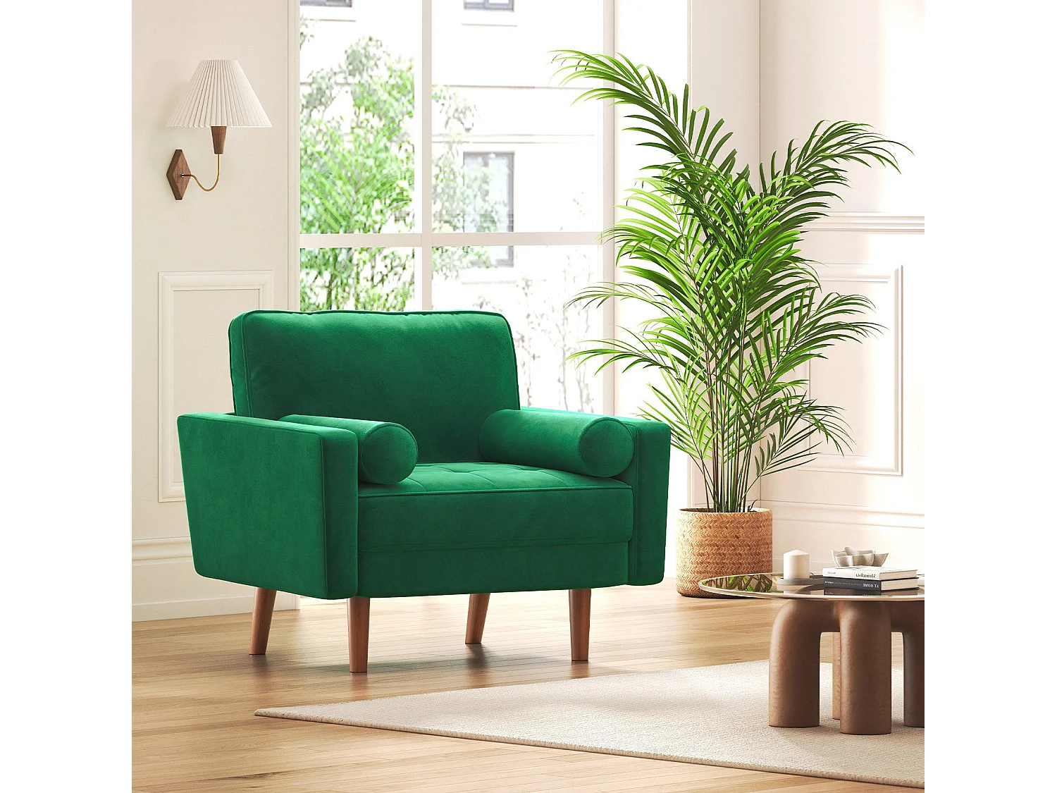 Fauteuil d'appoint en velours vert Vesgantti avec 2 coussins, fauteuils confortables pour chambre, bureau