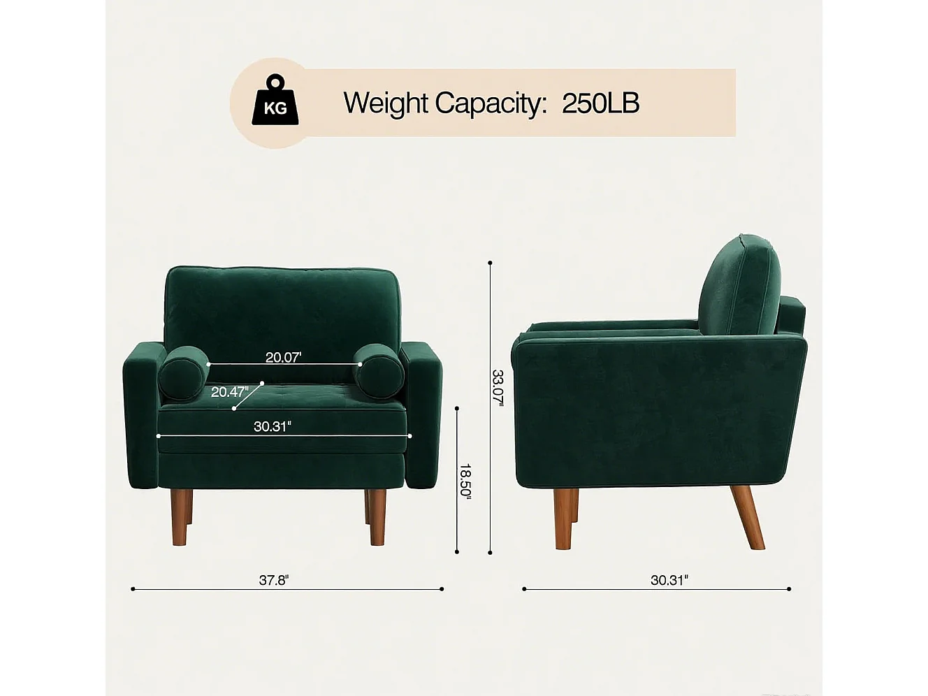 Fauteuil d'appoint en velours vert Vesgantti avec 2 coussins, fauteuils confortables pour chambre, bureau