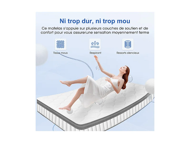 Matelas 140 x 190 cm Ressorts ,25 cm Épaisseur,Support Ergonomique 7 Zones pour la Protection de la Colonne Vertébrale, Drap Housse Offert