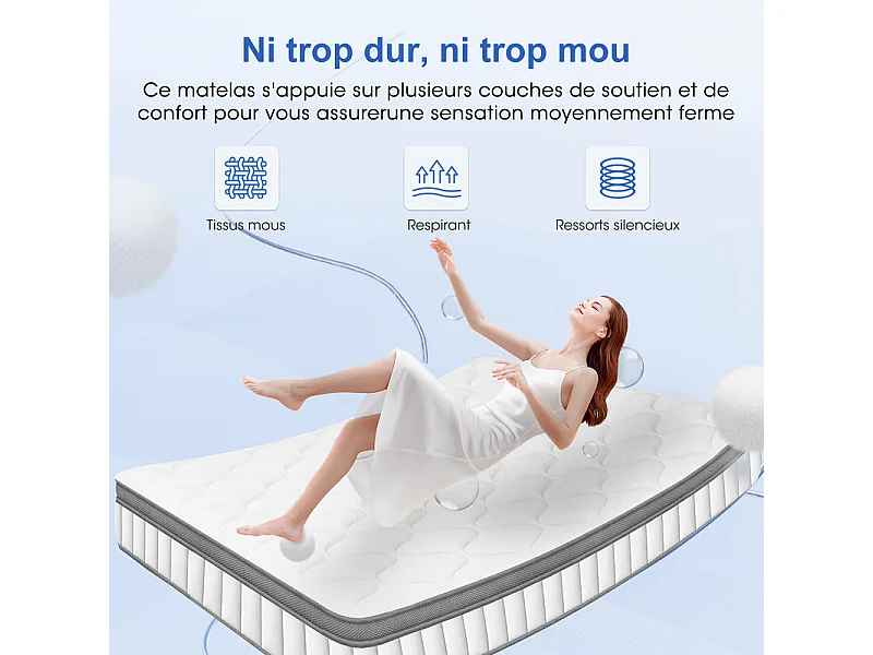 Matelas 140x190 cm Ressorts Ensachés,Matelas 140x190 cm Ferme avec Mémoire de Forme ép.25cm