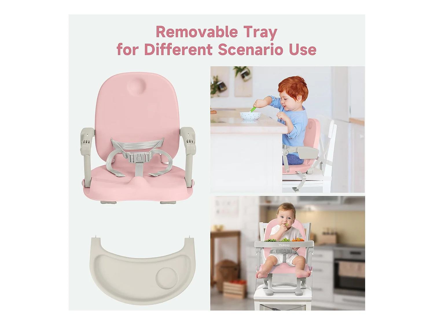 Seggiolone portatile YOLEO per neonati, Seggiolino rialzato con cintura di sicurezza e vassoio removibile, Adatto a bambini dai 6 ai 36 mesi