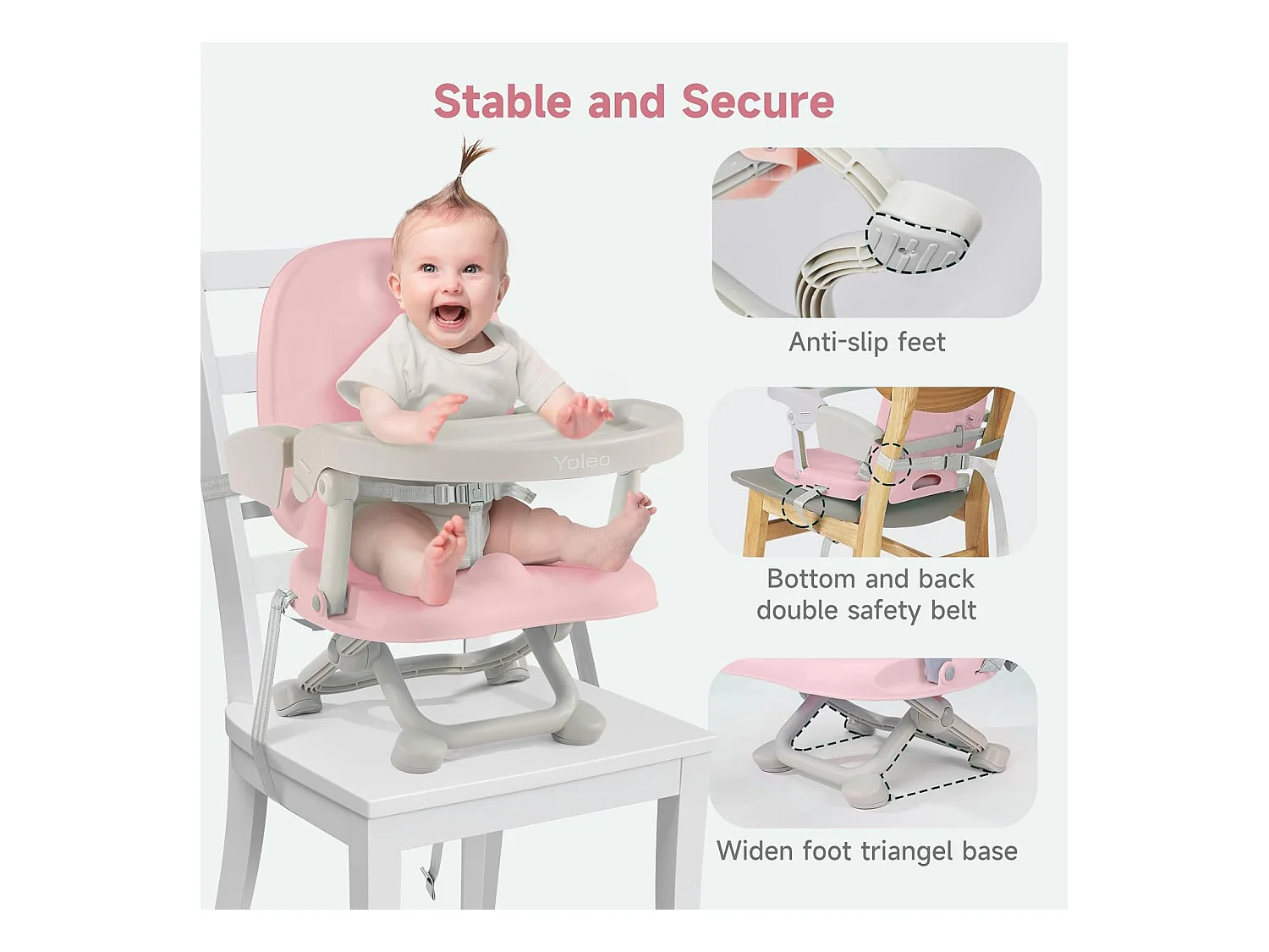 Seggiolone portatile YOLEO per neonati, Seggiolino rialzato con cintura di sicurezza e vassoio removibile, Adatto a bambini dai 6 ai 36 mesi