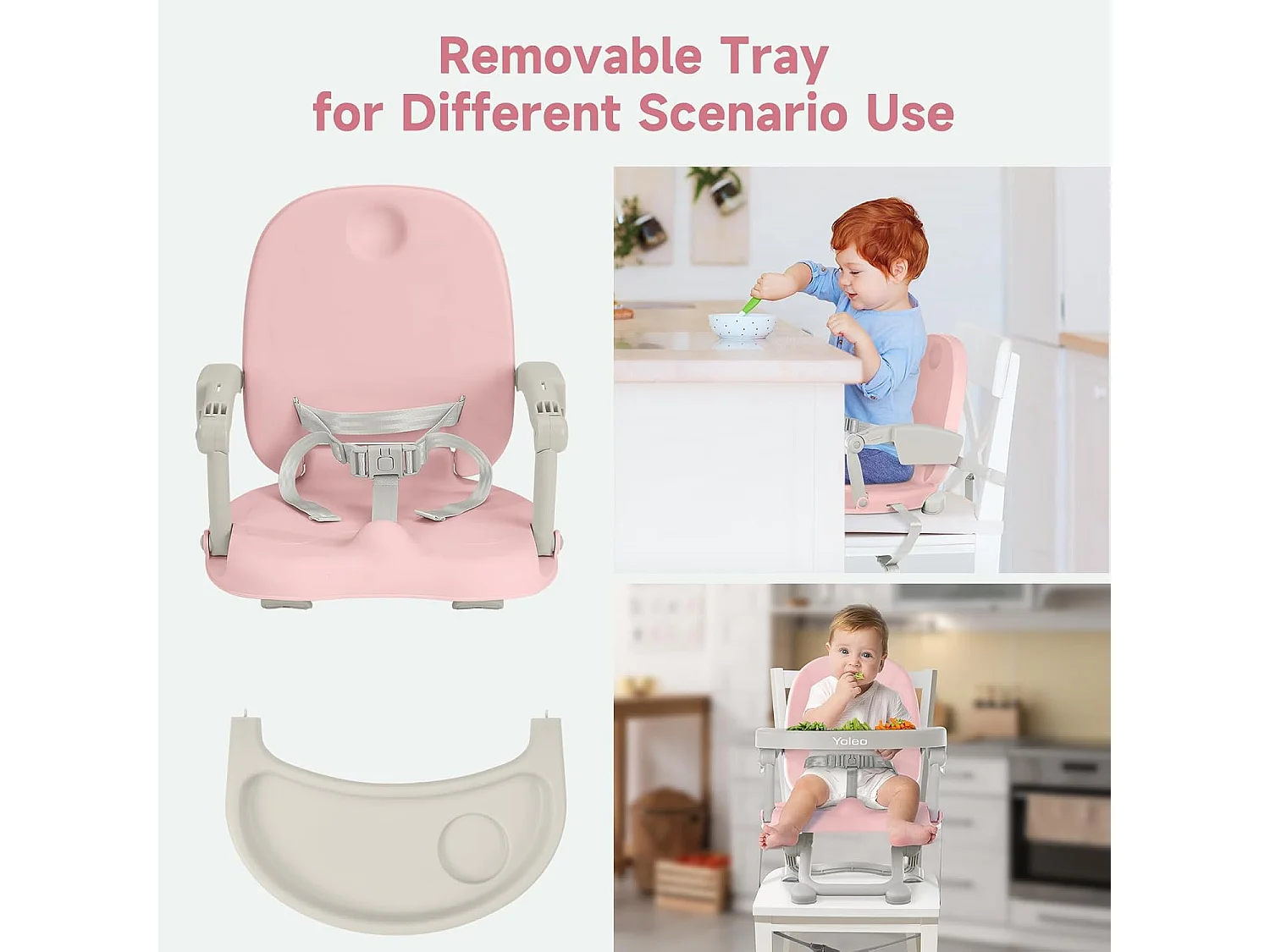 Chaise haute portable YOLEO pour bébé, Siège rehausseur avec ceinture de sécurité et plateau amovible, Convient aux enfants de 6 à 36 mois