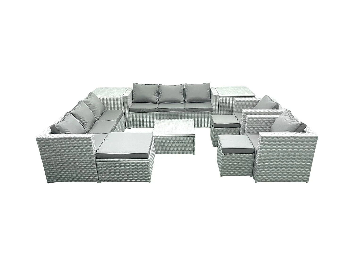 Rattan Sofa Gartenmöbel Set mit 2 Sesseln Quadratischer Couchtisch 3 Hockern 2 Beistelltischen Hellgrau gemischt