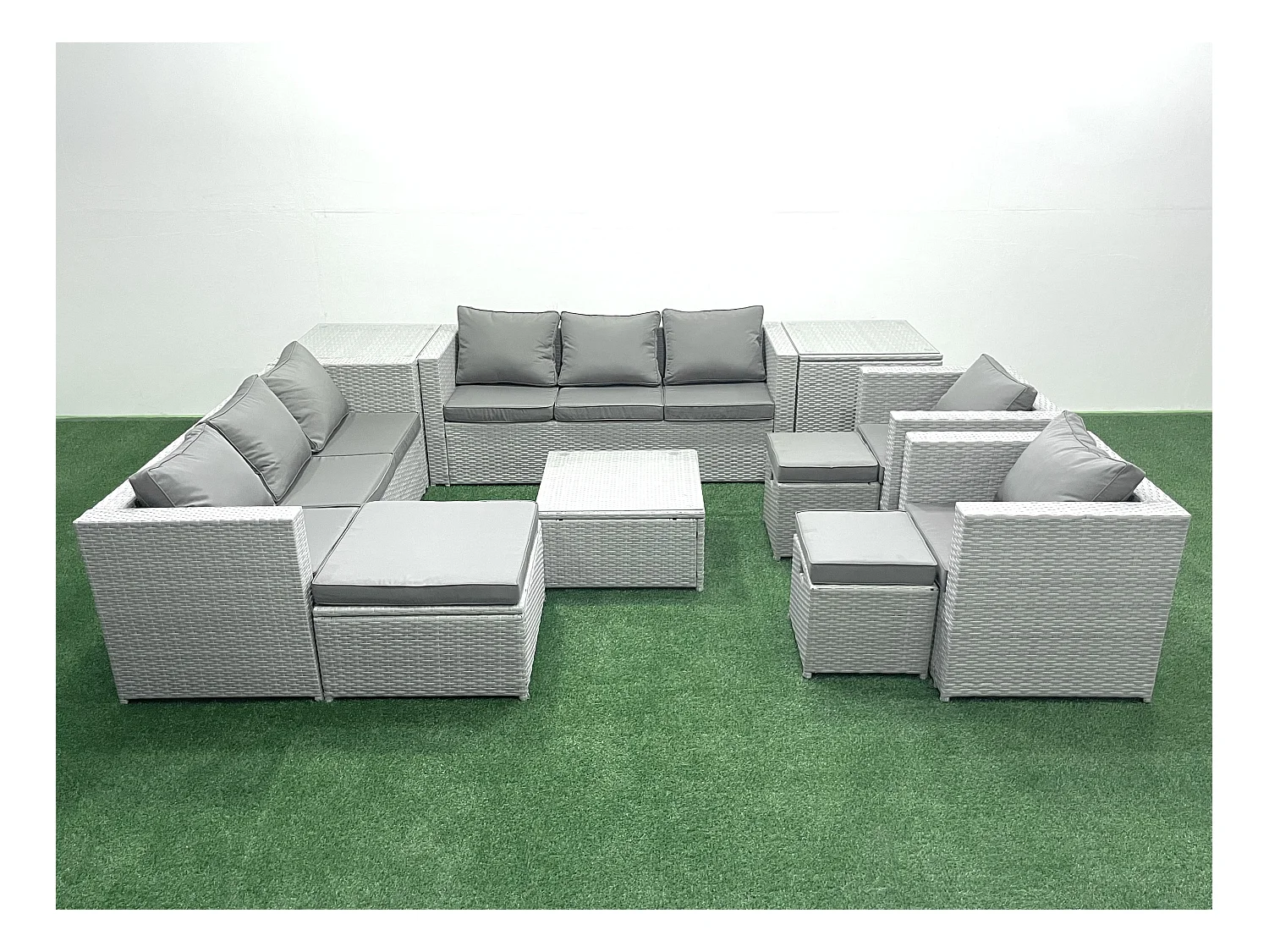 Rattan Sofa Gartenmöbel Set mit 2 Sesseln Quadratischer Couchtisch 3 Hockern 2 Beistelltischen Hellgrau gemischt