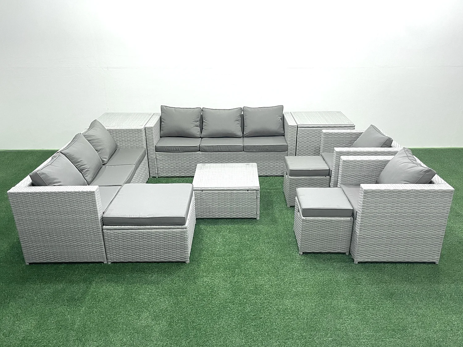 Salon de Jardin en rotin avec 2 Fauteuil Table basse carrée 3 Tabourets 2 Tables d'appoint Gris clair mixte