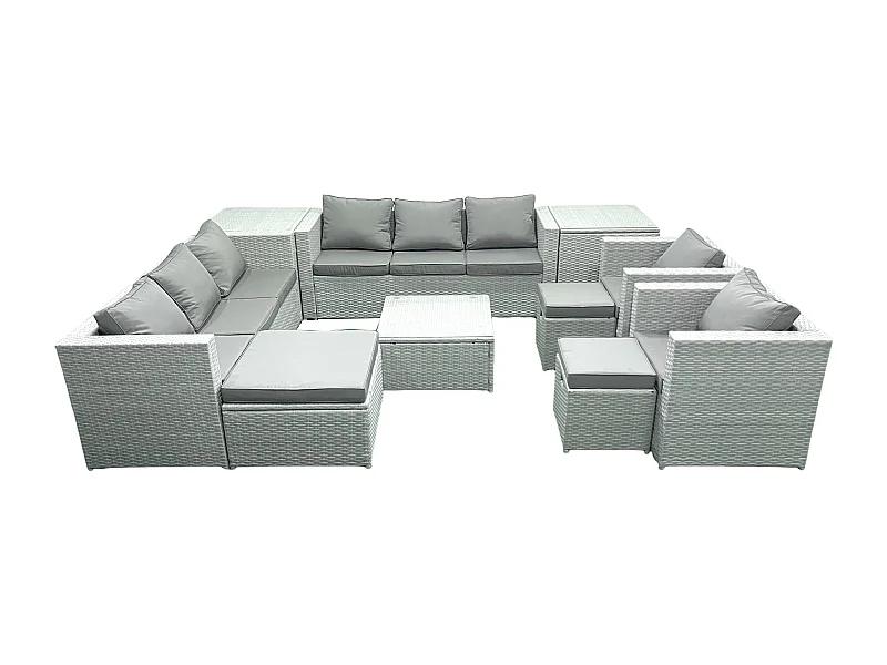 Salon de Jardin en rotin avec 2 Fauteuil Table basse carrée 3 Tabourets 2 Tables d'appoint Gris clair mixte