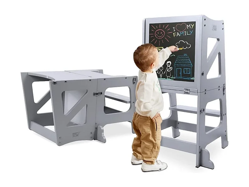 Tour d'Apprentissage 2-en-1 Yoleo pour Enfants, Protection anti-Basculement, avec Tableau Magnétique, Pliable et Multifonctionnel, Aide-Cuisine, Gris