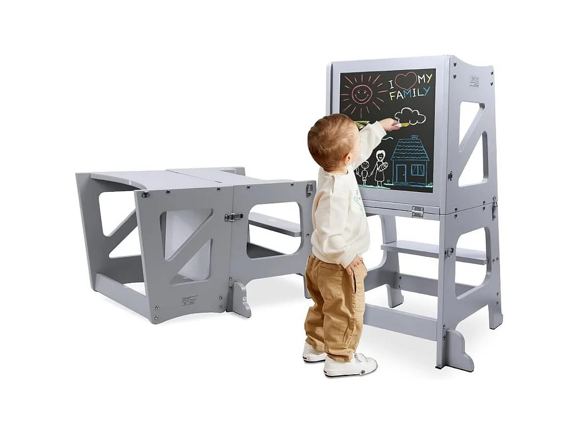Tour d'Apprentissage 2-en-1 Yoleo pour Enfants, Protection anti-Basculement, avec Tableau Magnétique, Pliable et Multifonctionnel, Aide-Cuisine, Gris