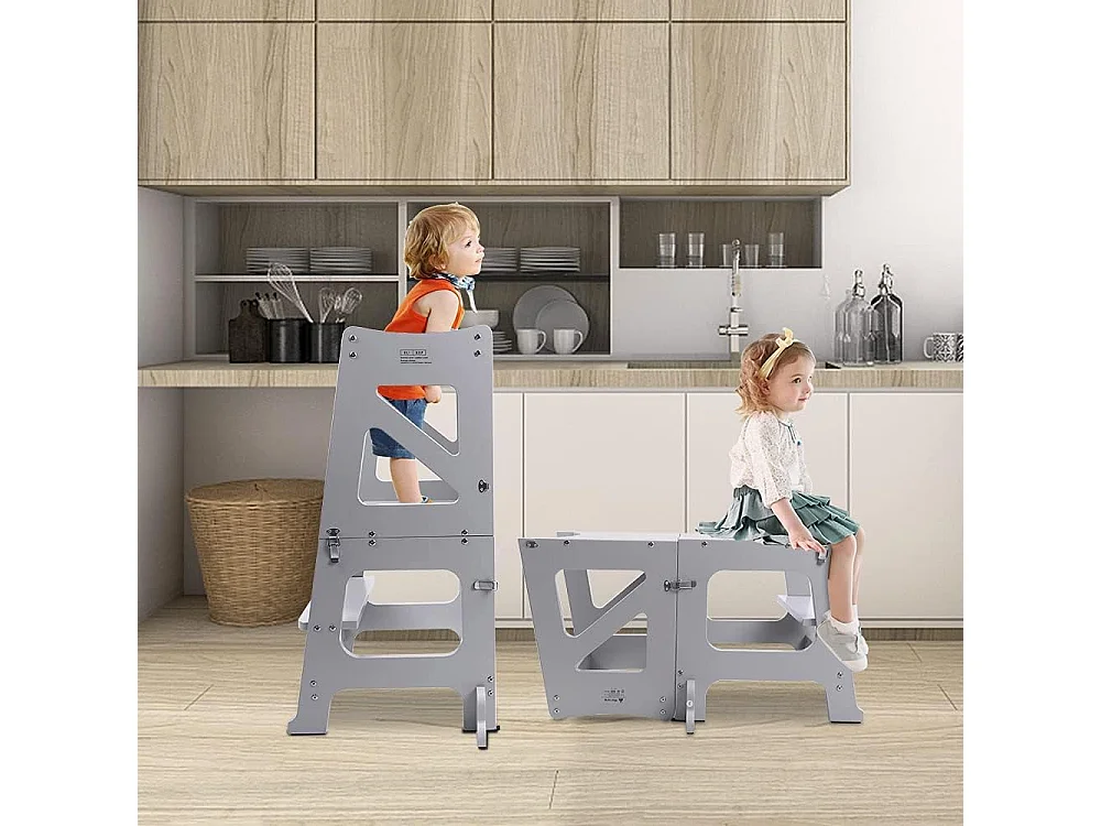 Tour d'Apprentissage 2-en-1 Yoleo pour Enfants, Protection anti-Basculement, avec Tableau Magnétique, Pliable et Multifonctionnel, Aide-Cuisine, Gris