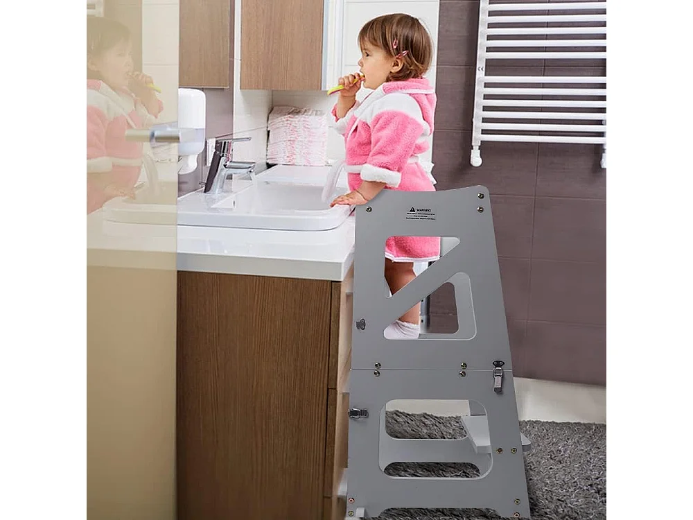 Tour d'Apprentissage 2-en-1 Yoleo pour Enfants, Protection anti-Basculement, avec Tableau Magnétique, Pliable et Multifonctionnel, Aide-Cuisine, Gris