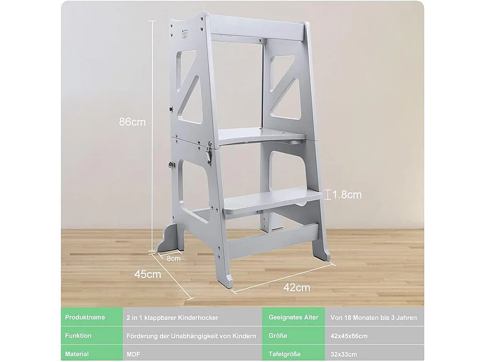 Tour d'Apprentissage 2-en-1 Yoleo pour Enfants, Protection anti-Basculement, avec Tableau Magnétique, Pliable et Multifonctionnel, Aide-Cuisine, Gris