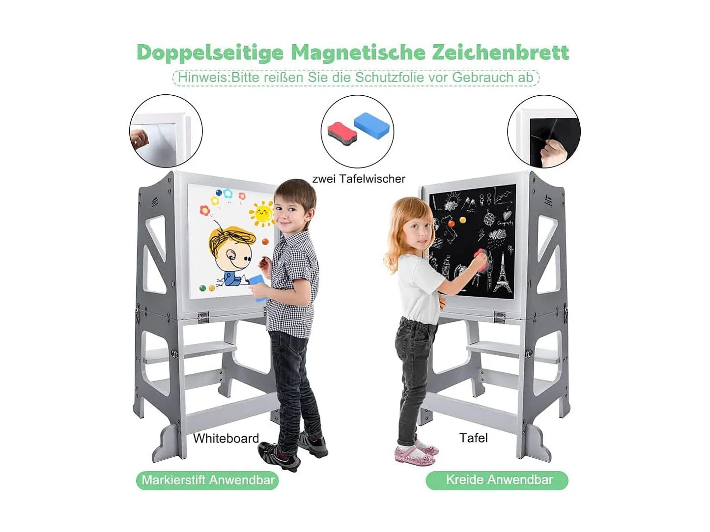 Tour d'Apprentissage 2-en-1 Yoleo pour Enfants, Protection anti-Basculement, avec Tableau Magnétique, Pliable et Multifonctionnel, Aide-Cuisine, Gris