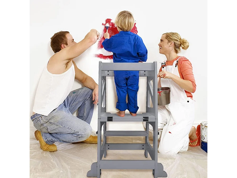 Tour d'Apprentissage 2-en-1 Yoleo pour Enfants, Protection anti-Basculement, avec Tableau Magnétique, Pliable et Multifonctionnel, Aide-Cuisine, Gris