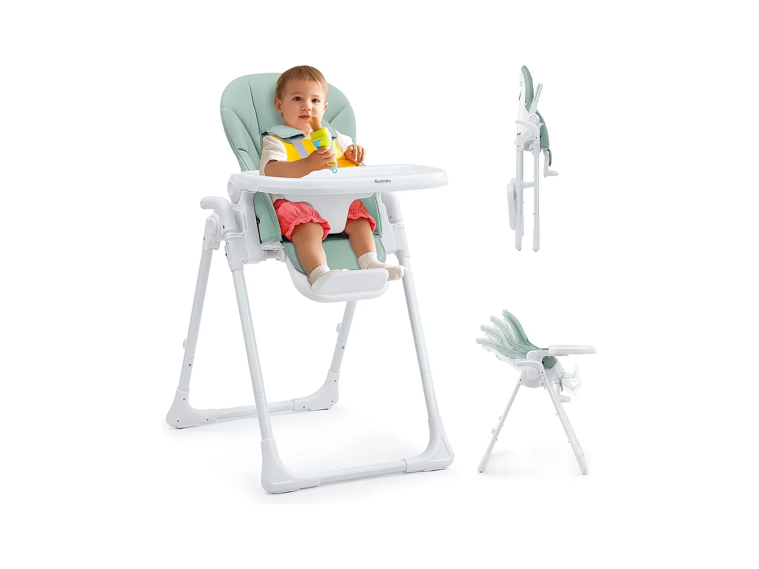 Chaise haute pliante pour enfants Ezebaby, 6 hauteurs, Siège haut pour bébé, Dossier réglable, Vert