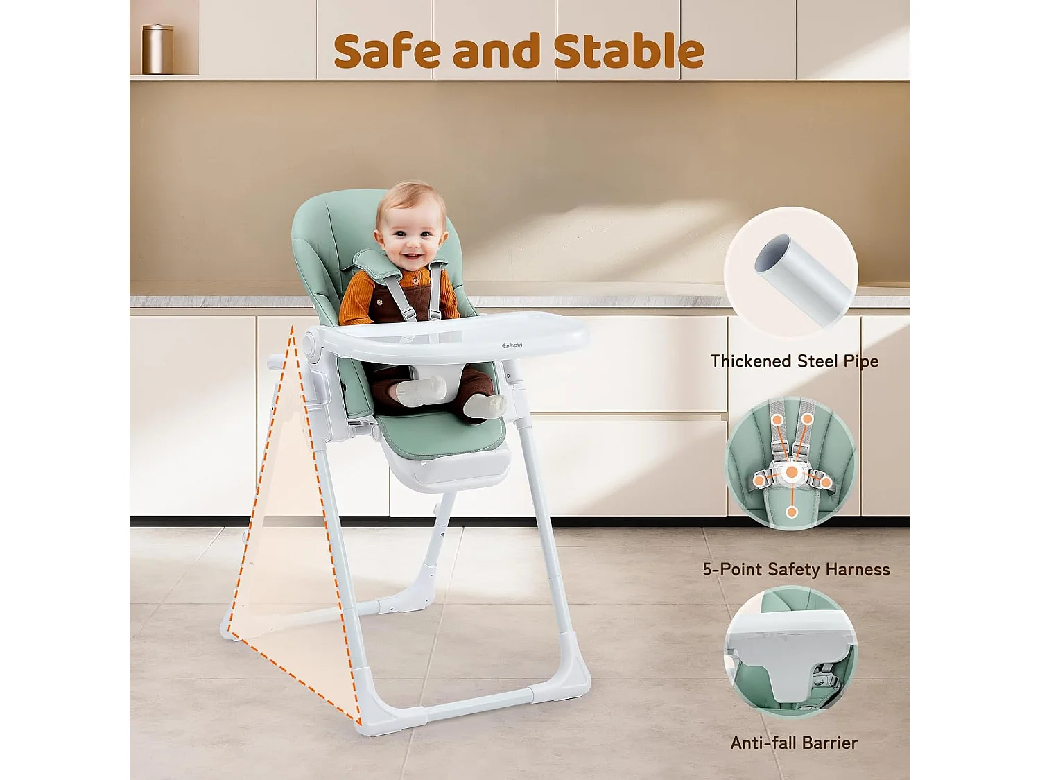 Chaise haute pliante pour enfants Ezebaby, 6 hauteurs, Siège haut pour bébé, Dossier réglable, Vert