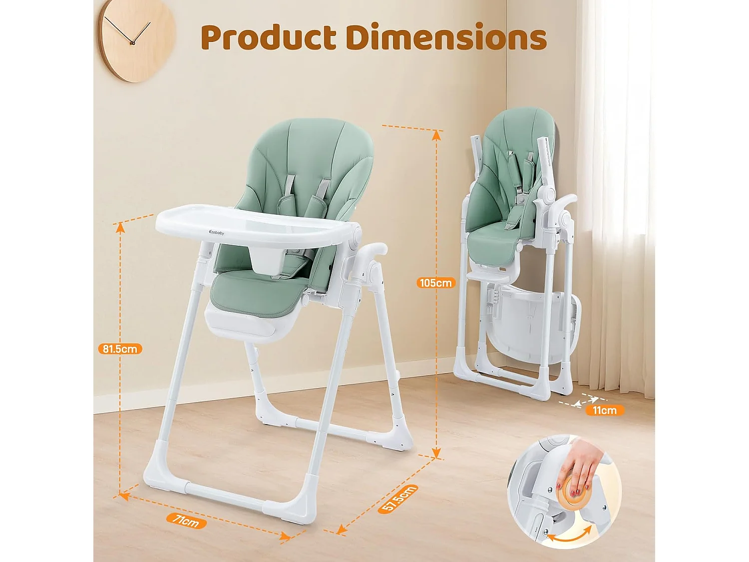Chaise haute pliante pour enfants Ezebaby, 6 hauteurs, Siège haut pour bébé, Dossier réglable, Vert