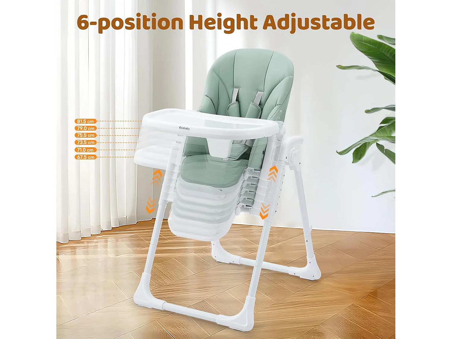 Chaise haute pliante pour enfants Ezebaby, 6 hauteurs, Siège haut pour bébé, Dossier réglable, Vert