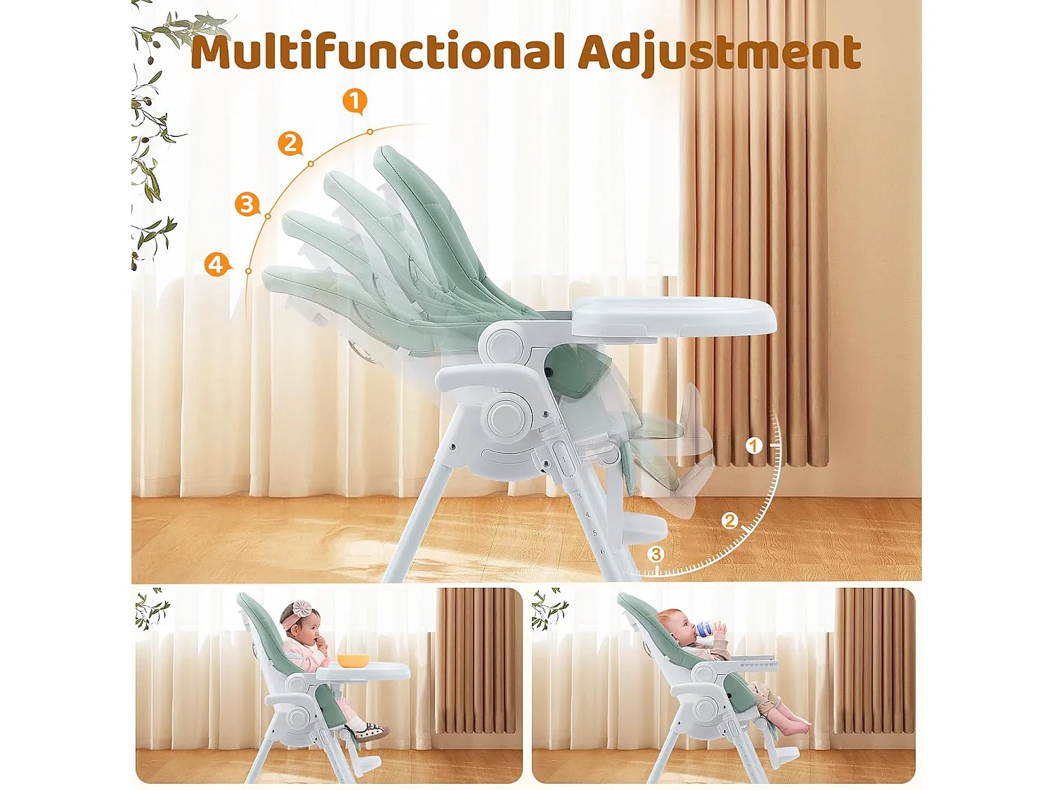 Chaise haute pliante pour enfants Ezebaby, 6 hauteurs, Siège haut pour bébé, Dossier réglable, Vert