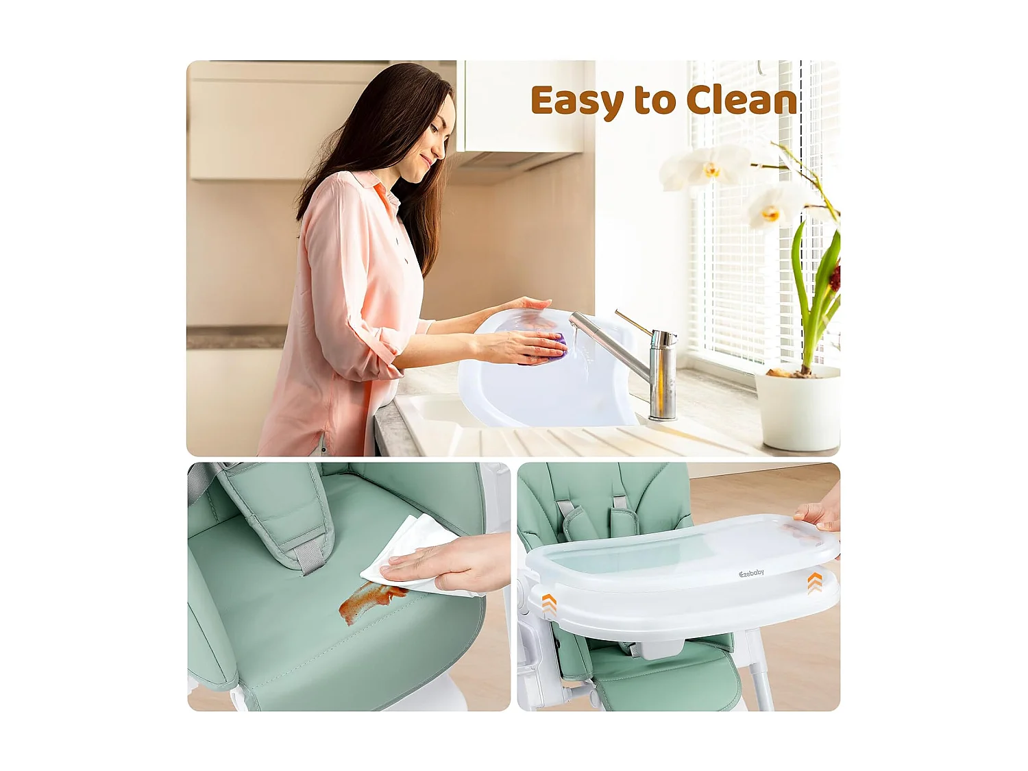 Chaise haute pliante pour enfants Ezebaby, 6 hauteurs, Siège haut pour bébé, Dossier réglable, Vert