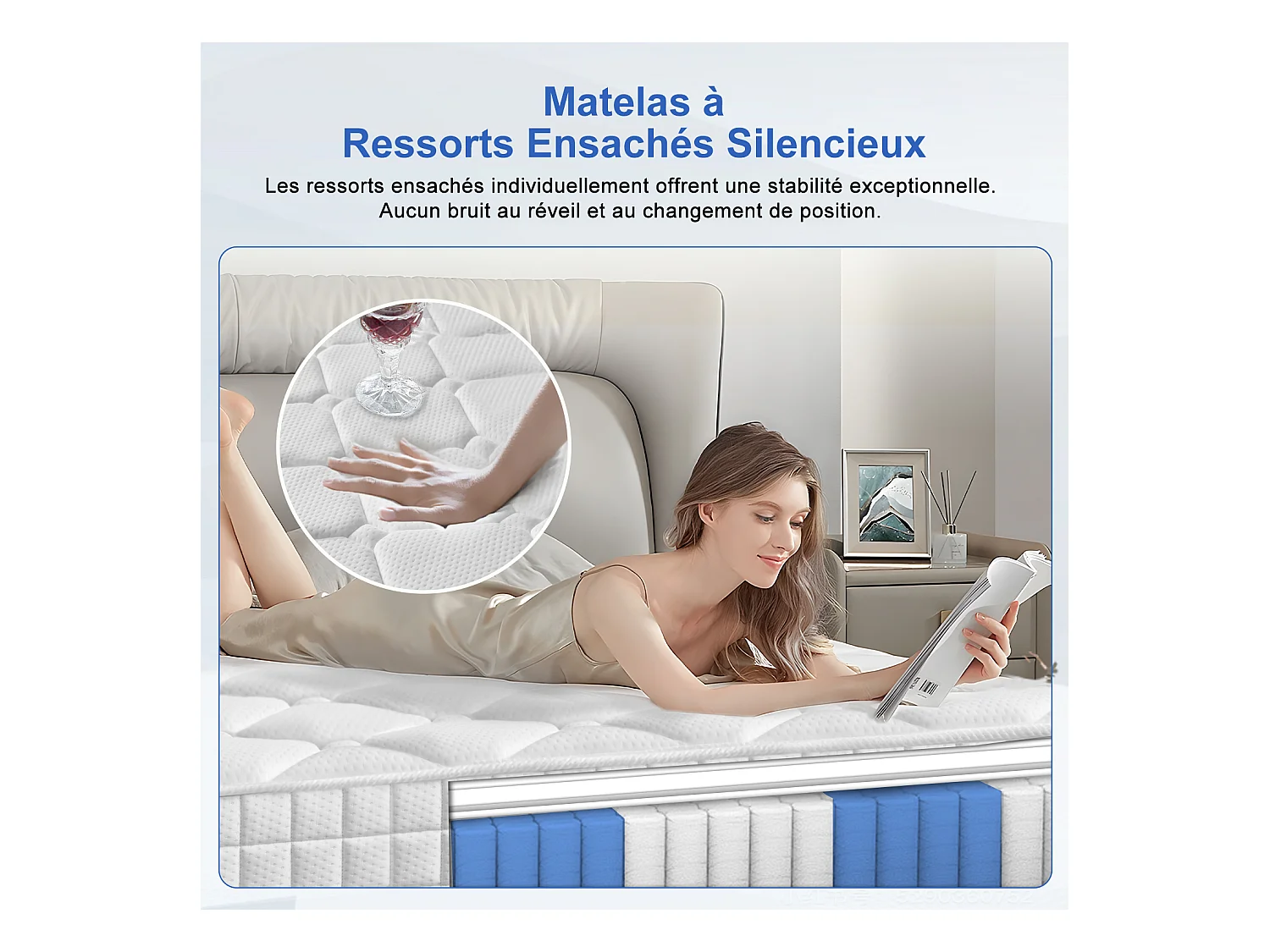 Matelas 140 x 190 cm ressorts,ensachés ép. 22 cm, ergonomique 7 zones, avec housse, mousse mémoire, anti-acariens et antibactérien