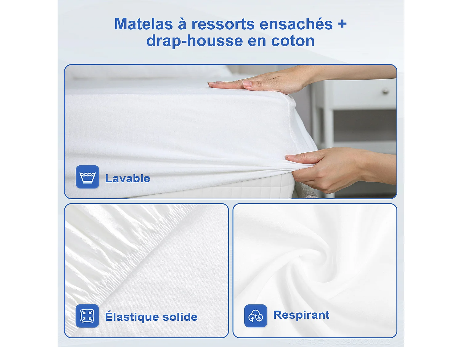 Matelas 140 x 190 cm ressorts,ensachés ép. 22 cm, ergonomique 7 zones, avec housse, mousse mémoire, anti-acariens et antibactérien