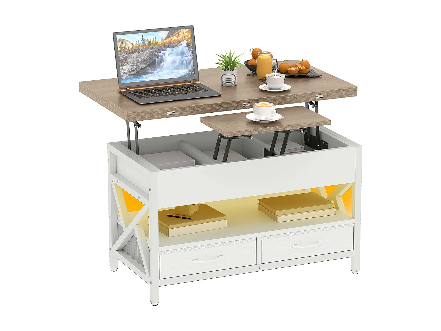 Table basse réglable en hauteur avec rangement, table de salon à LED, prise de courant, marbre blanc