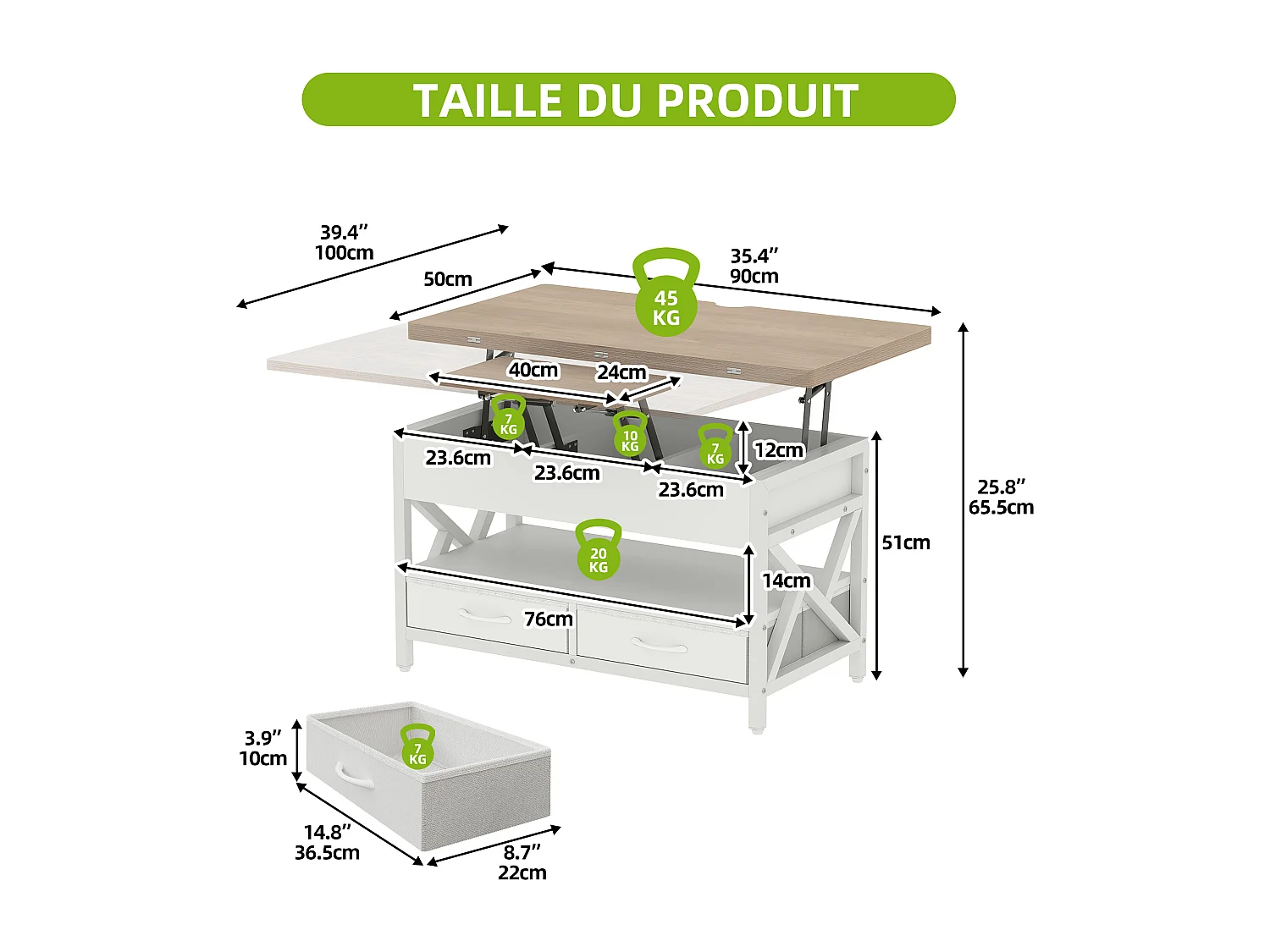 Table basse réglable en hauteur avec rangement, table de salon à LED, prise de courant, marbre blanc