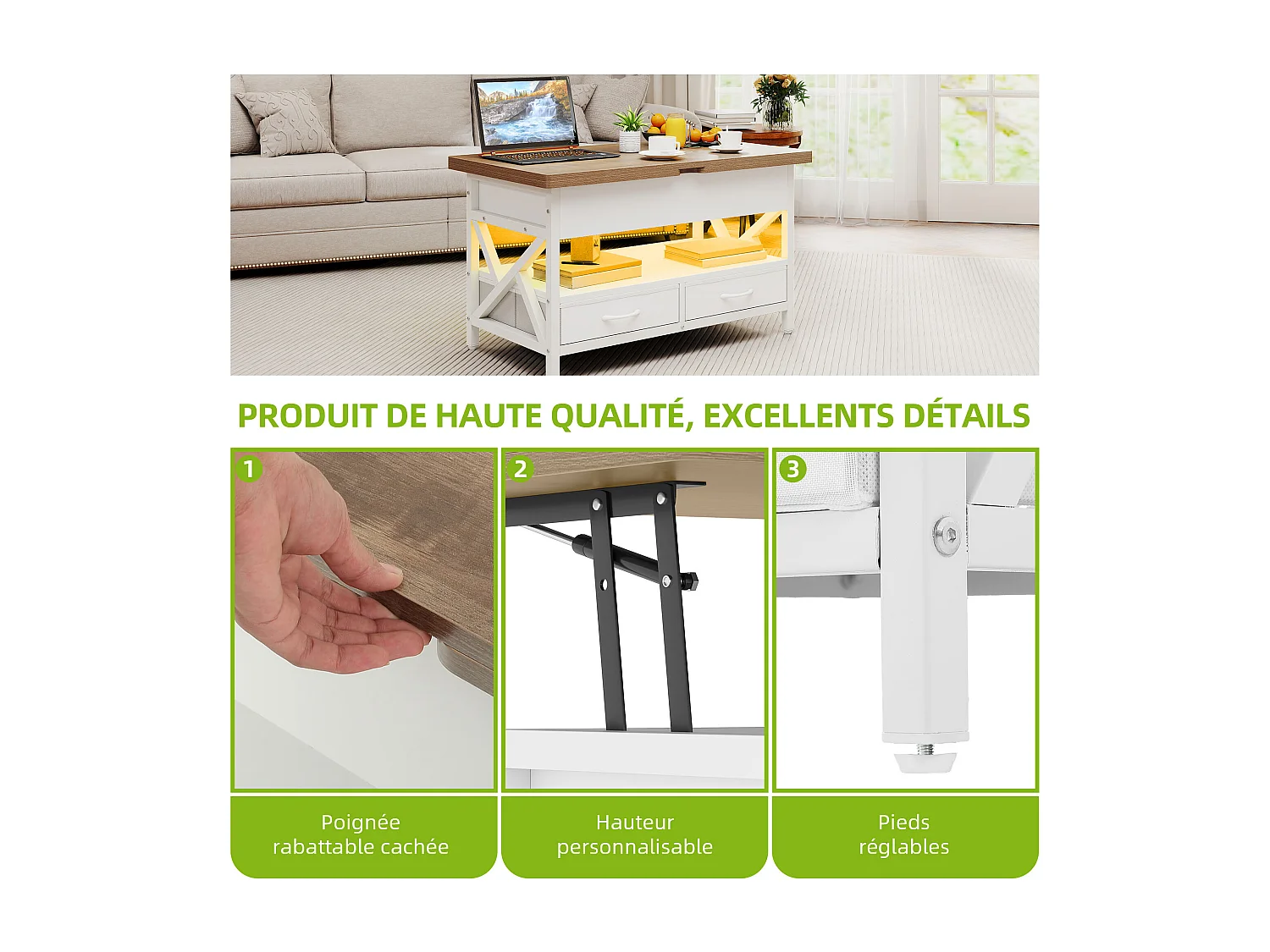 Table basse réglable en hauteur avec rangement, table de salon à LED, prise de courant, marbre blanc