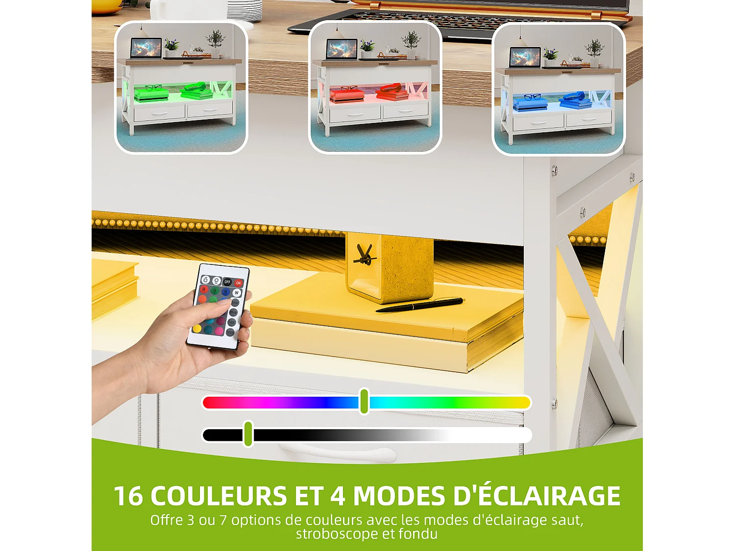 Table basse réglable en hauteur avec rangement, table de salon à LED, prise de courant, marbre blanc