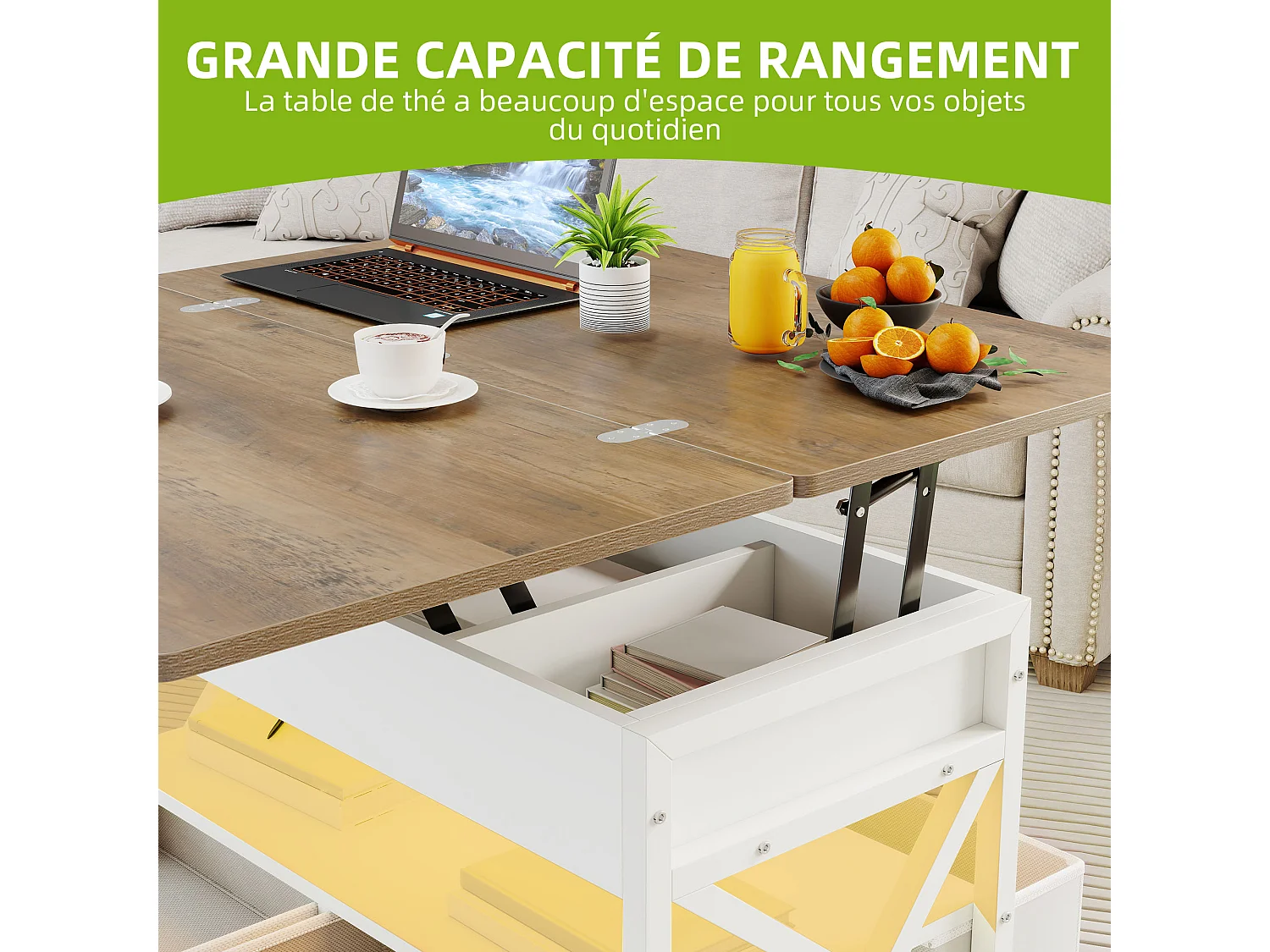 Table basse réglable en hauteur avec rangement, table de salon à LED, prise de courant, marbre blanc