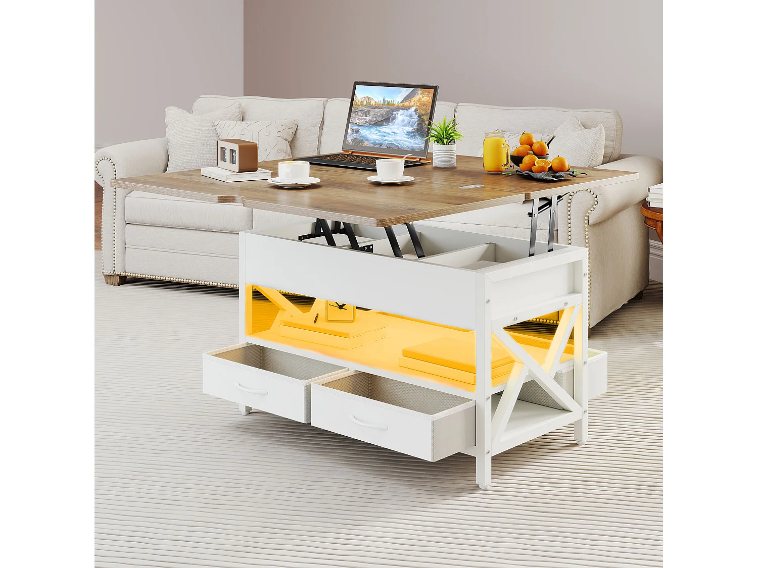 Table basse réglable en hauteur avec rangement, table de salon à LED, prise de courant, marbre blanc