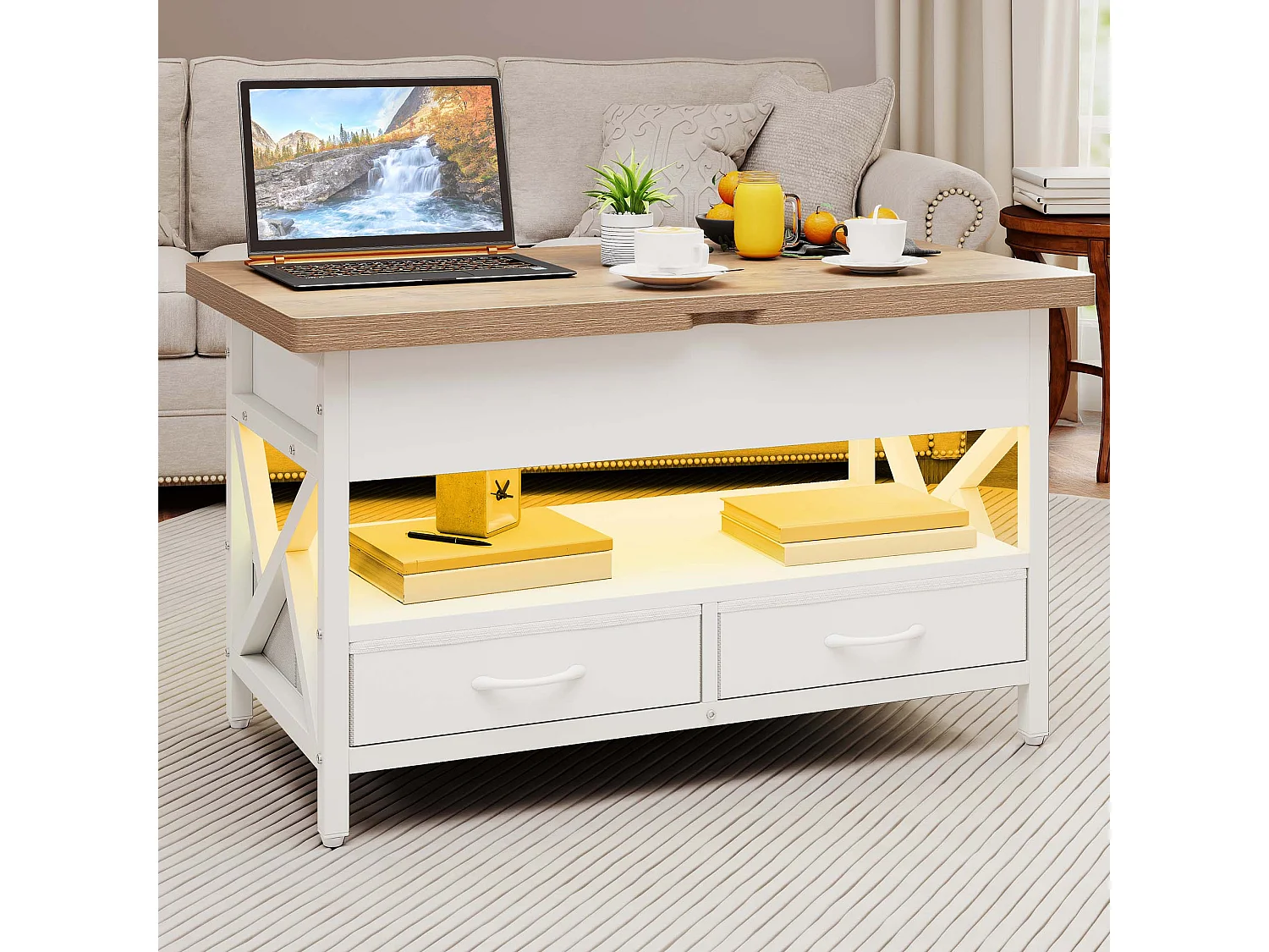 Table basse réglable en hauteur avec rangement, table de salon à LED, prise de courant, marbre blanc