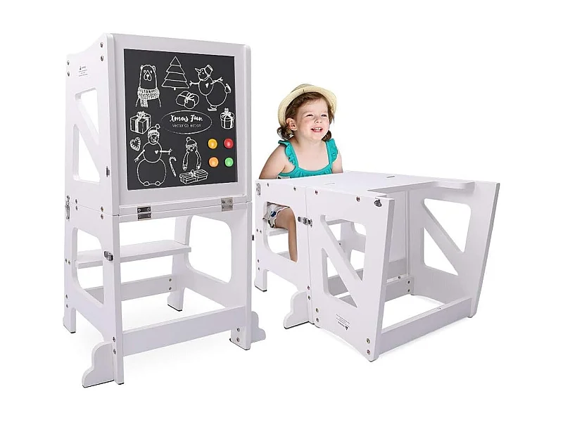Tour d'Apprentissage 2-en-1 Yoleo pour Enfants, Protection anti-Basculement, avec Tableau Magnétique, Pliable et Multifonctionnel, Aide-Cuisine, Blanc