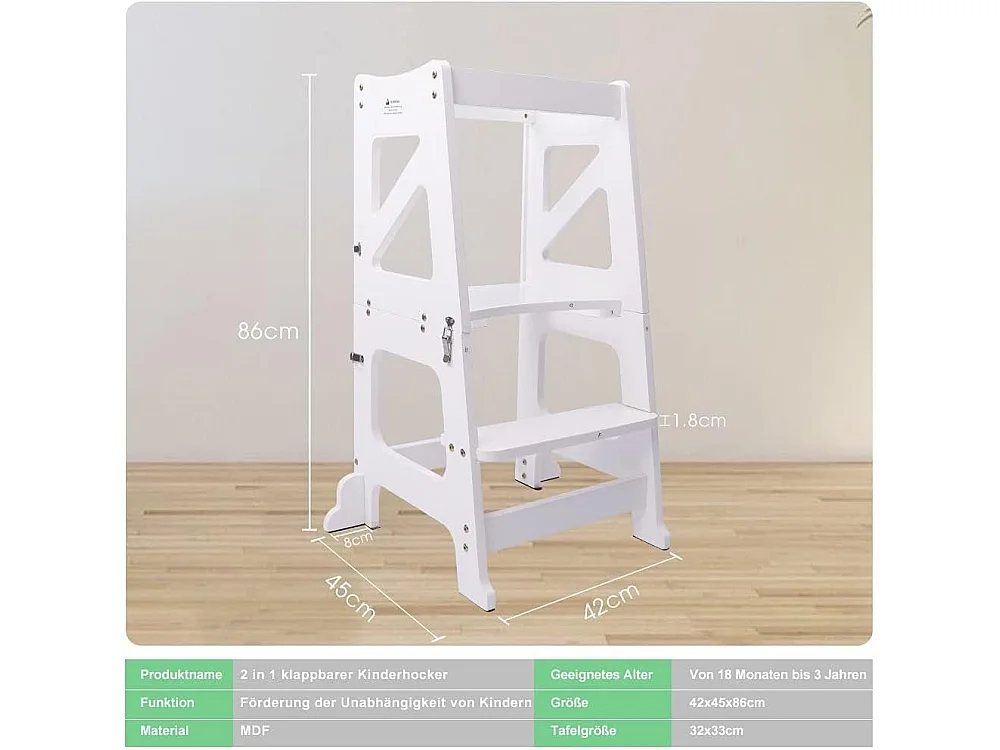 Tour d'Apprentissage 2-en-1 Yoleo pour Enfants, Protection anti-Basculement, avec Tableau Magnétique, Pliable et Multifonctionnel, Aide-Cuisine, Blanc