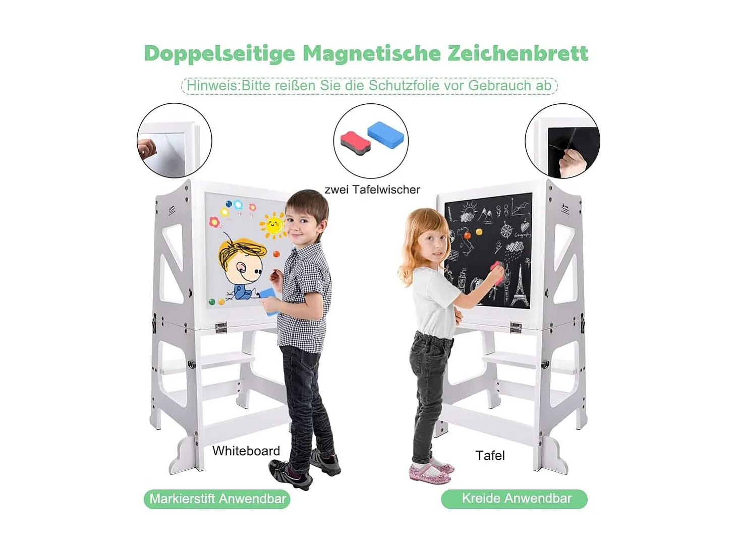 Tour d'Apprentissage 2-en-1 Yoleo pour Enfants, Protection anti-Basculement, avec Tableau Magnétique, Pliable et Multifonctionnel, Aide-Cuisine, Blanc