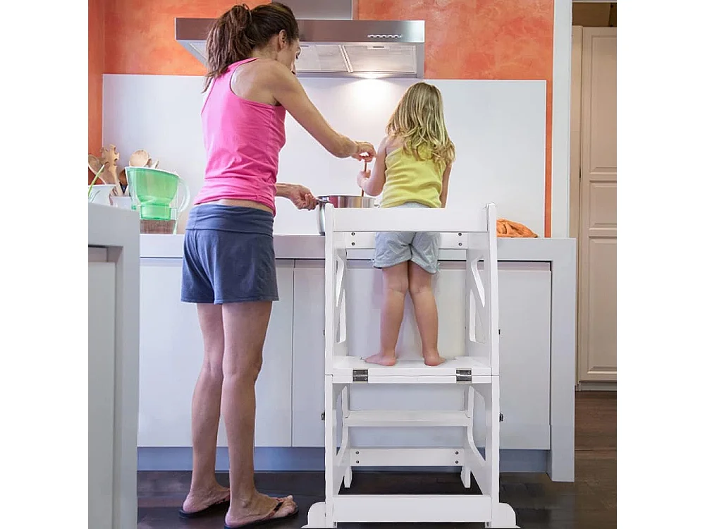 Tour d'Apprentissage 2-en-1 Yoleo pour Enfants, Protection anti-Basculement, avec Tableau Magnétique, Pliable et Multifonctionnel, Aide-Cuisine, Blanc