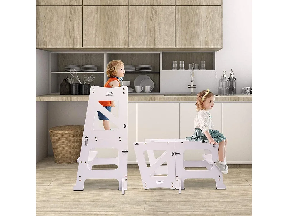 Tour d'Apprentissage 2-en-1 Yoleo pour Enfants, Protection anti-Basculement, avec Tableau Magnétique, Pliable et Multifonctionnel, Aide-Cuisine, Blanc