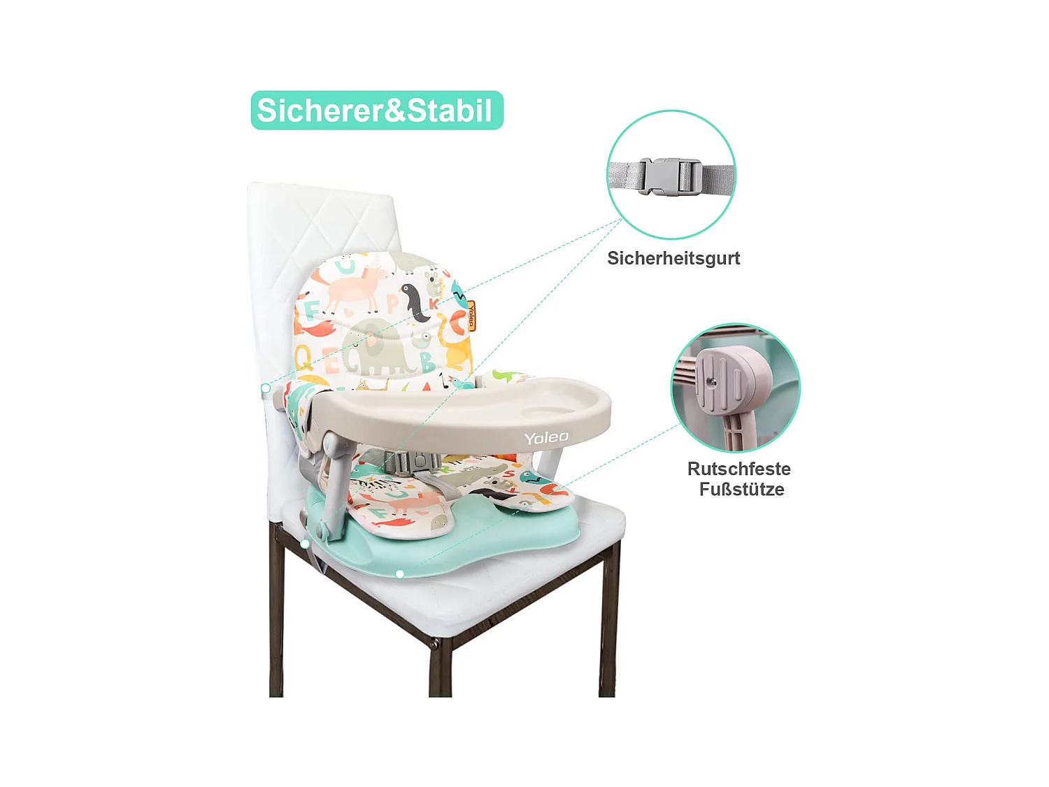 YOLEO Draagbare Kinderstoel voor baby's, met veiligheidsgordel, verwijderbaar dienblad en PU-kussen, geschikt voor kinderen van 6 tot 36 maanden