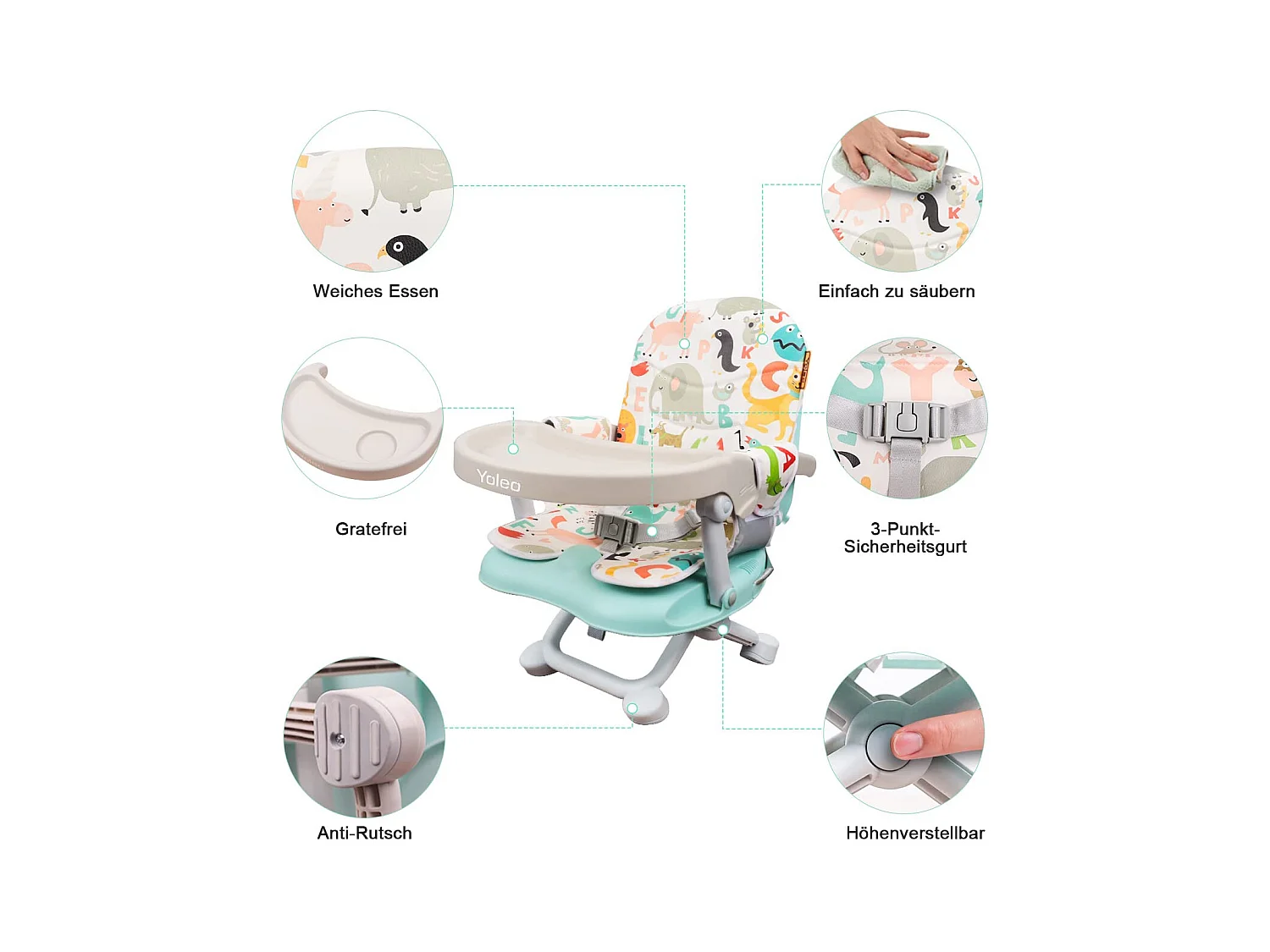 YOLEO Draagbare Kinderstoel voor baby's, met veiligheidsgordel, verwijderbaar dienblad en PU-kussen, geschikt voor kinderen van 6 tot 36 maanden