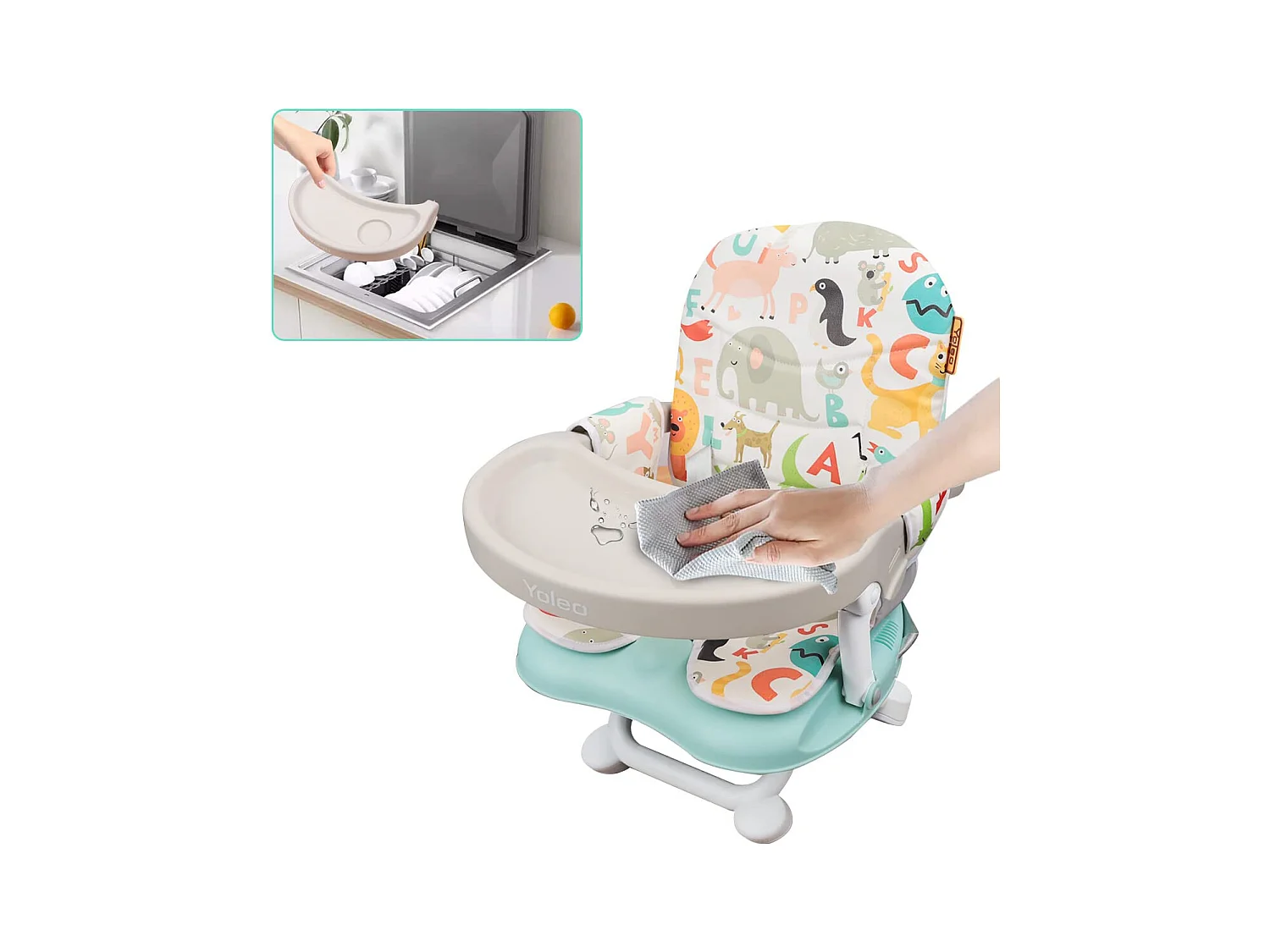 YOLEO Draagbare Kinderstoel voor baby's, met veiligheidsgordel, verwijderbaar dienblad en PU-kussen, geschikt voor kinderen van 6 tot 36 maanden