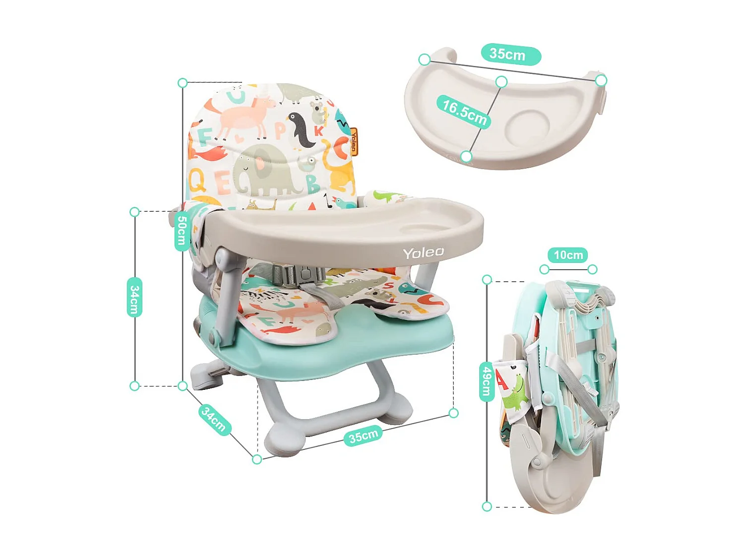 Chaise haute portable YOLEO pour bébé, avec ceinture de sécurité, plateau amovible et coussin en PU, convient aux enfants de 6 à 36 mois
