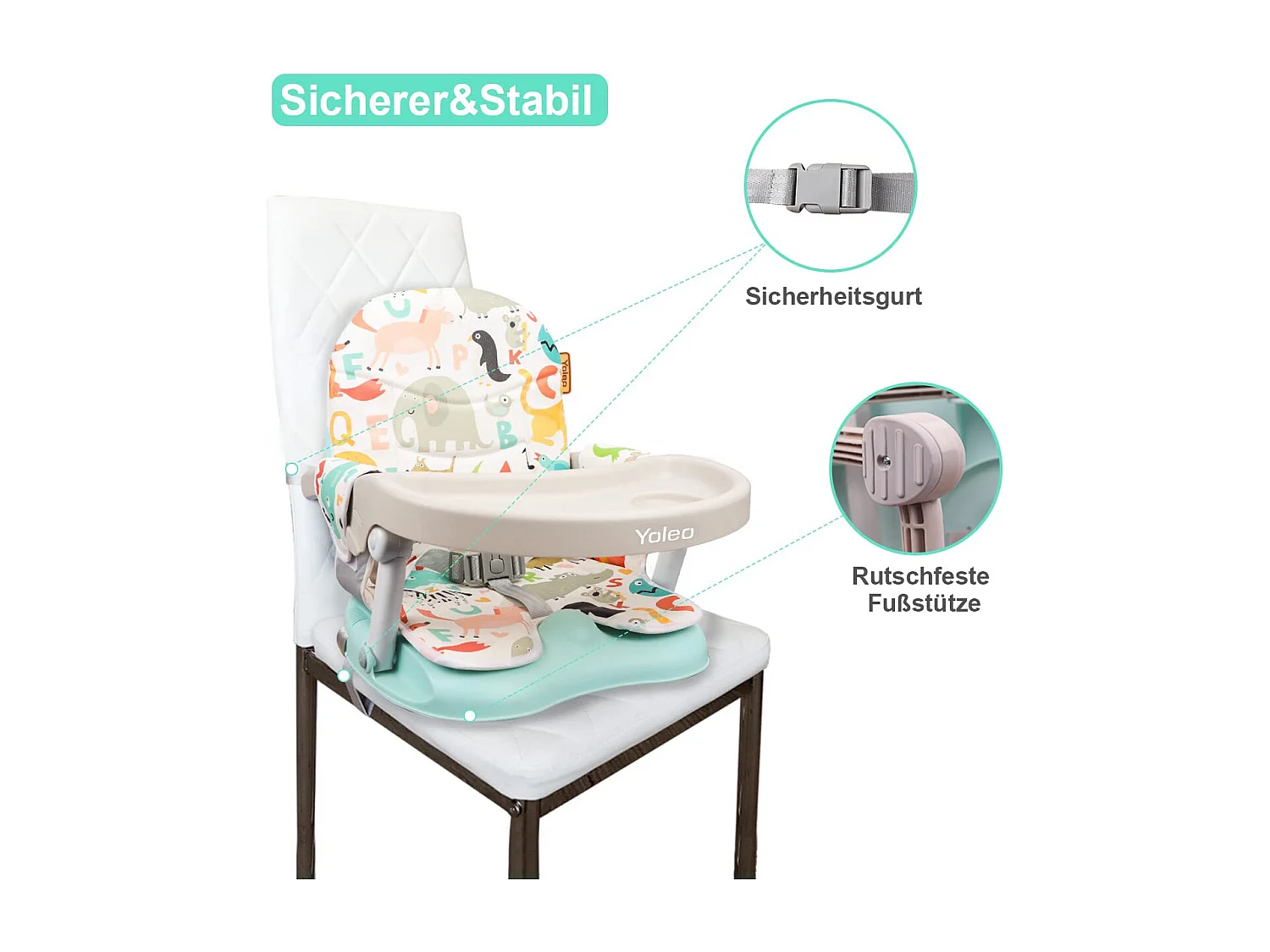 Chaise haute portable YOLEO pour bébé, avec ceinture de sécurité, plateau amovible et coussin en PU, convient aux enfants de 6 à 36 mois