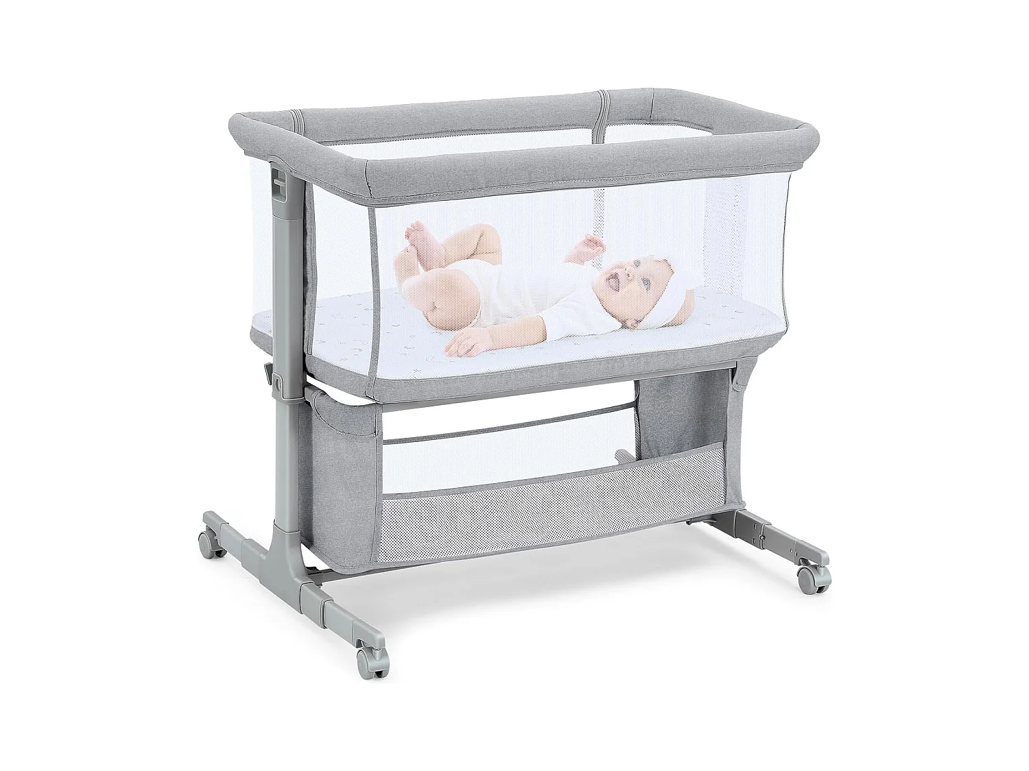 Berceau de Chevet pour Nouveau-Nés, Lit Bébé Portable avec Roulettes, Panier de Rangement, Matelas, Réglable en Hauteur 7 Positions, Gris