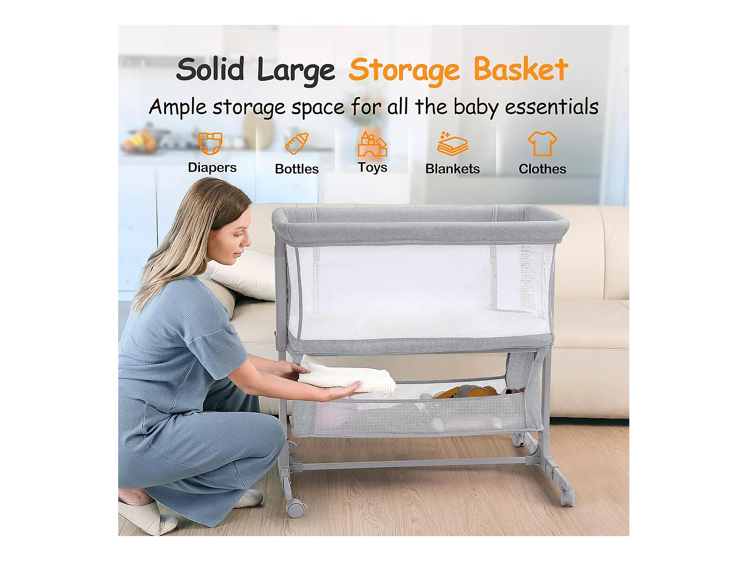 Berceau de Chevet pour Nouveau-Nés, Lit Bébé Portable avec Roulettes, Panier de Rangement, Matelas, Réglable en Hauteur 7 Positions, Gris