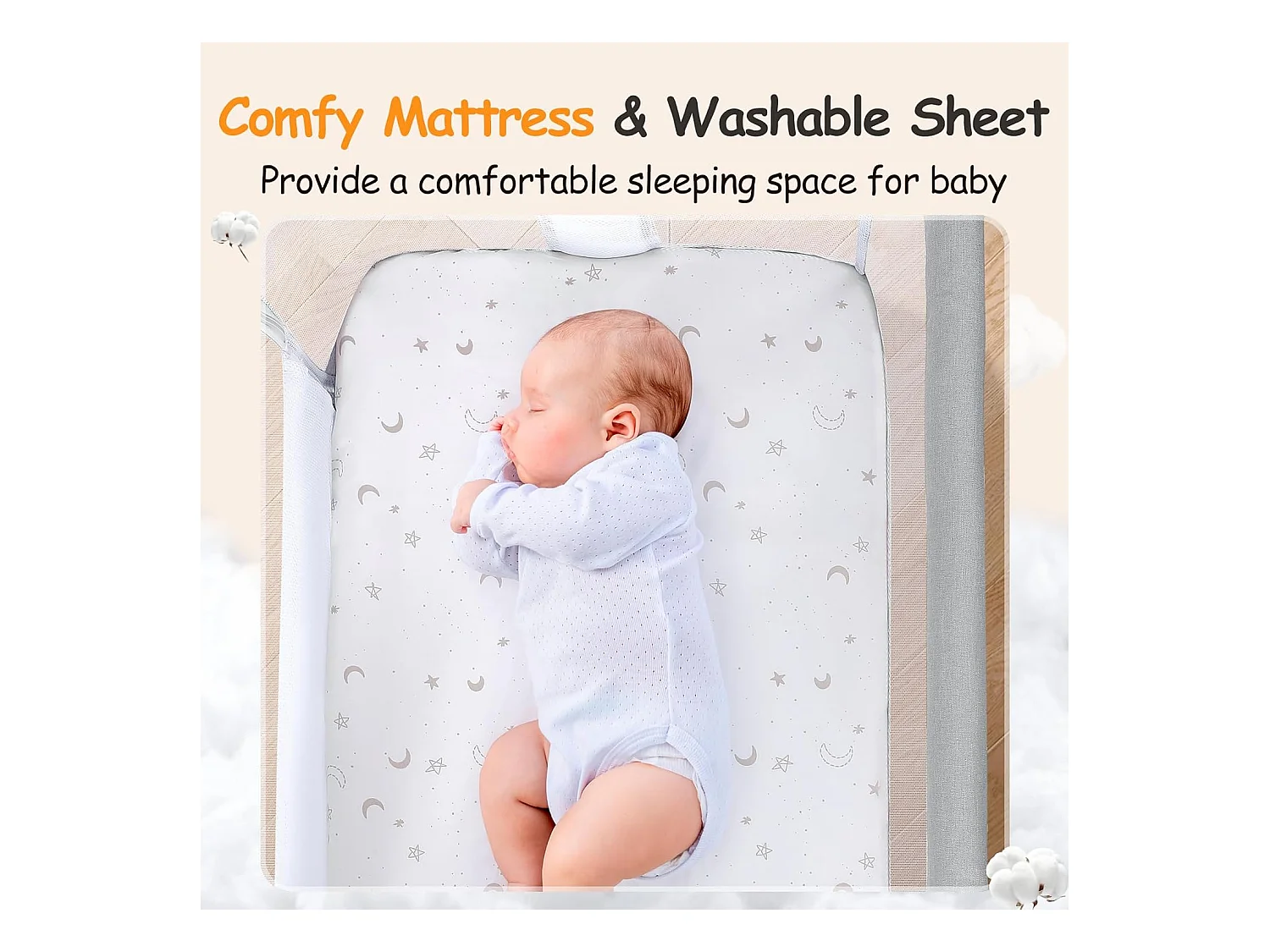 Berceau de Chevet pour Nouveau-Nés, Lit Bébé Portable avec Roulettes, Panier de Rangement, Matelas, Réglable en Hauteur 7 Positions, Gris