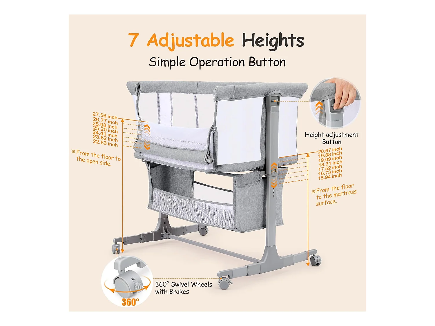 Berceau de Chevet pour Nouveau-Nés, Lit Bébé Portable avec Roulettes, Panier de Rangement, Matelas, Réglable en Hauteur 7 Positions, Gris