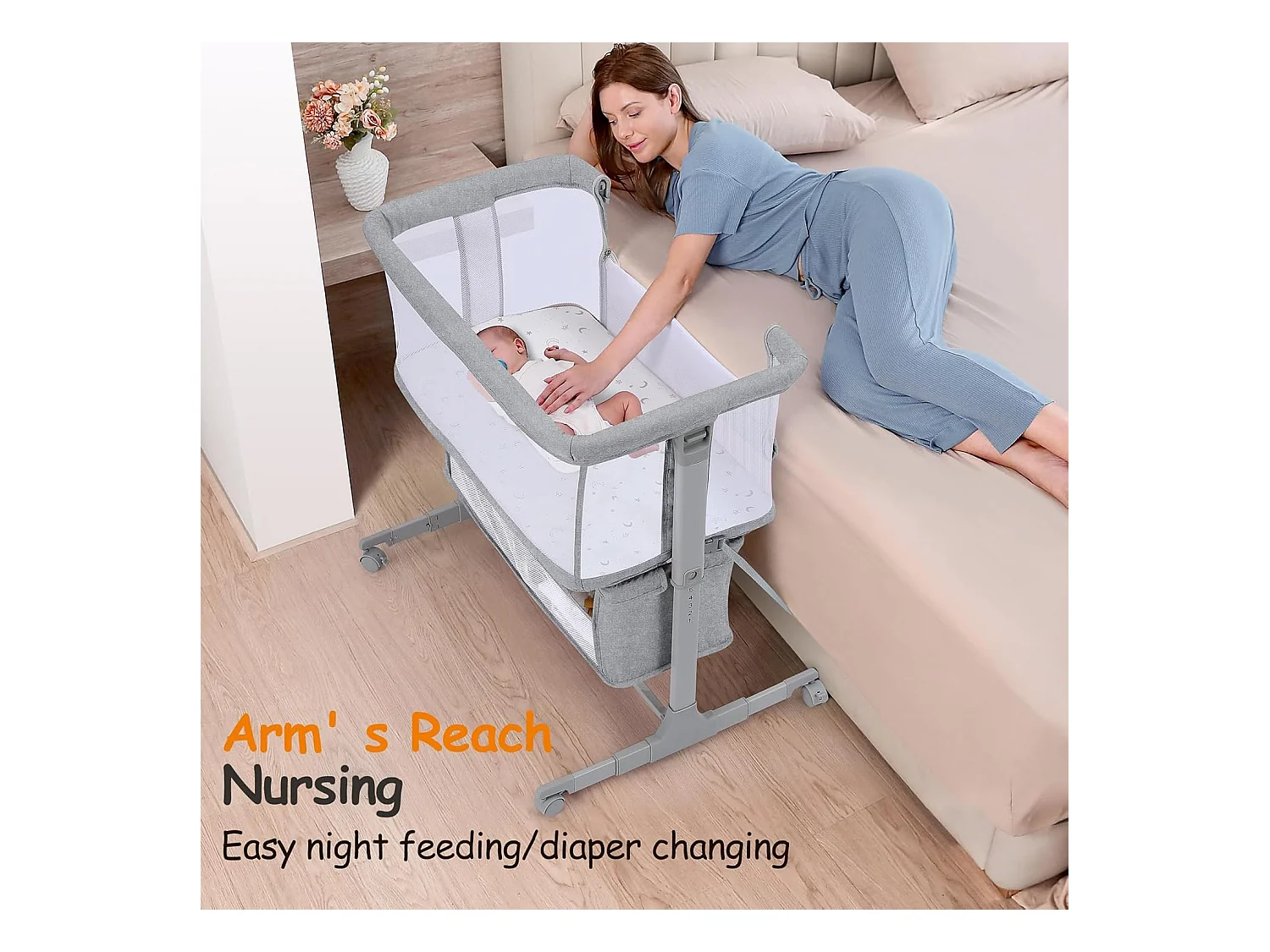 Berceau de Chevet pour Nouveau-Nés, Lit Bébé Portable avec Roulettes, Panier de Rangement, Matelas, Réglable en Hauteur 7 Positions, Gris