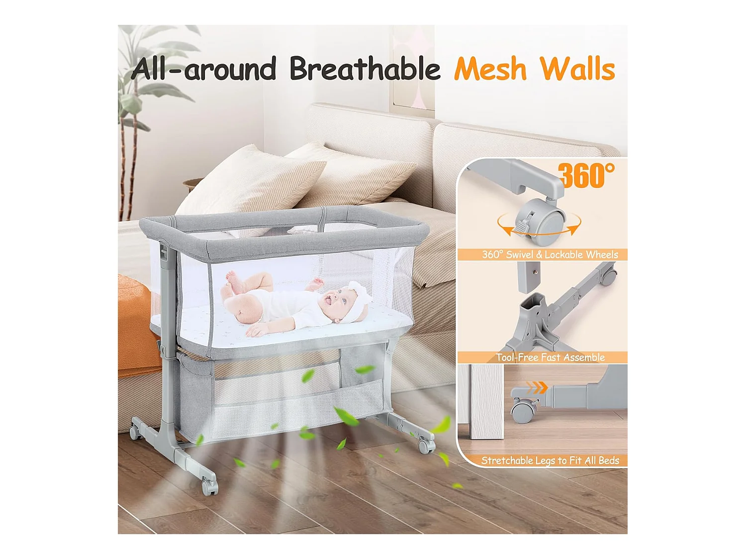 Berceau de Chevet pour Nouveau-Nés, Lit Bébé Portable avec Roulettes, Panier de Rangement, Matelas, Réglable en Hauteur 7 Positions, Gris