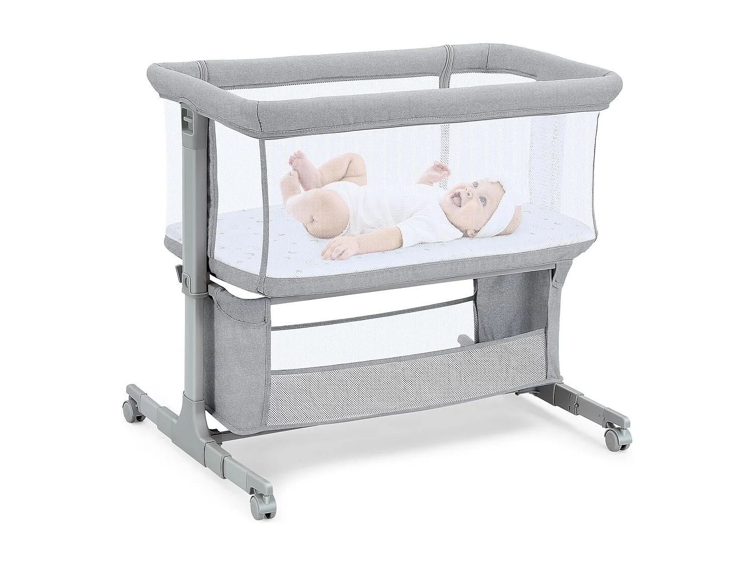 Berceau de Chevet pour Nouveau-Nés, Lit Bébé Portable avec Roulettes, Panier de Rangement, Matelas, Réglable en Hauteur 7 Positions, Gris